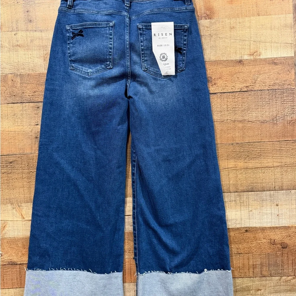 NWOT Risen Wide Leg Tummy Control Jeans with Navy Bow Accents Size 13 - Picture 3 of 5